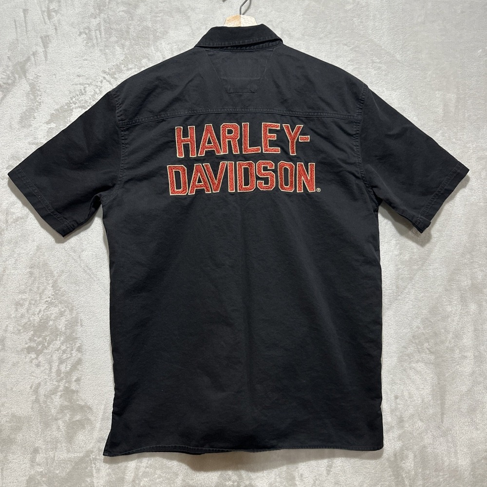 Harley Davidson Mens Short Sleeve Black Button-Down Shirt Embroidered Patch Logo
